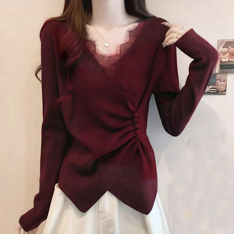 【De Rong 1*1】Large Size French Lace V-Neck Versatile Base Shirt for Women, Autumn and Winter, Super Slimming, Irregular Top