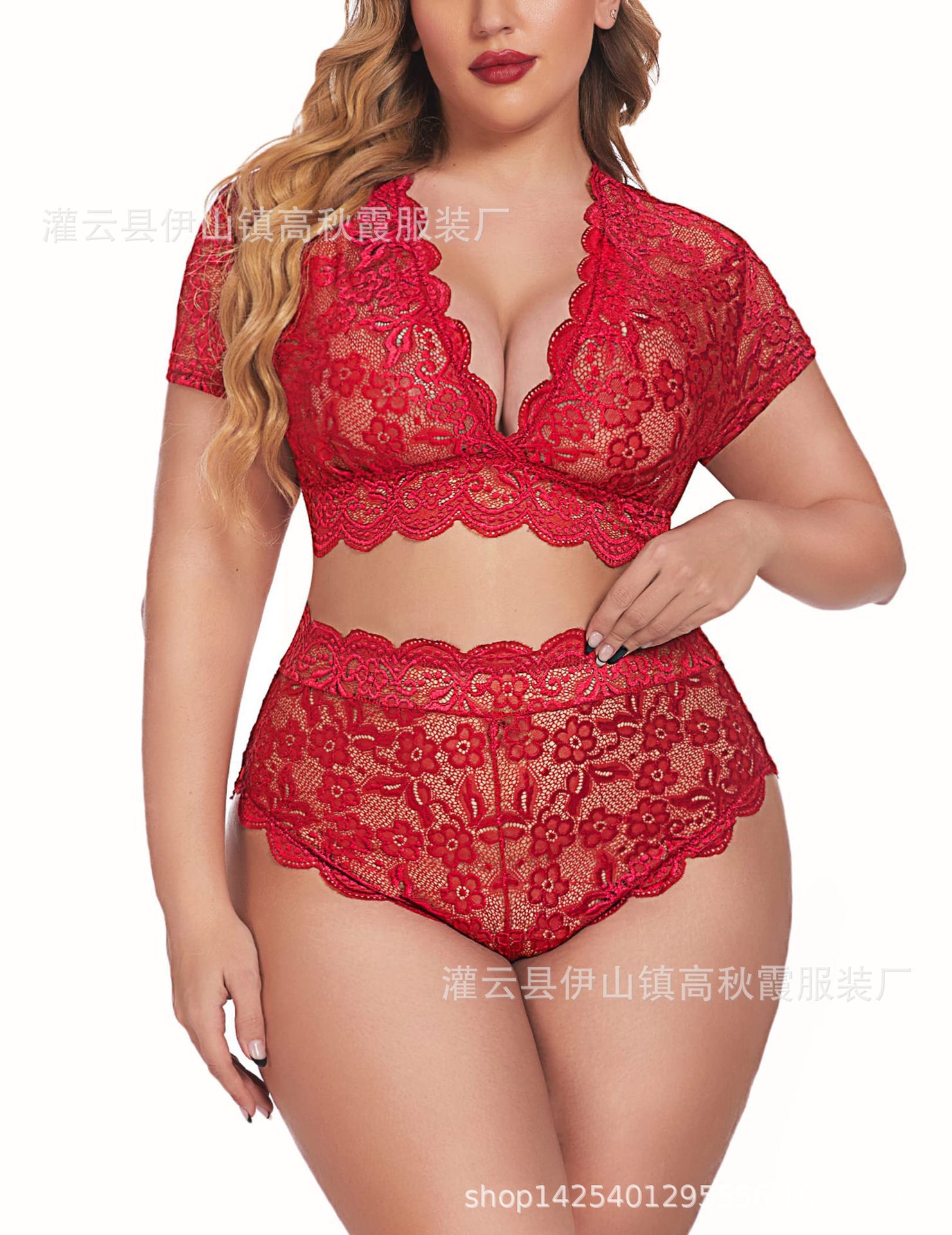 Lencería sexy europea y americana más tamaño seductora hendidura lateral correa de encaje camisón transparente pijamas divertidos