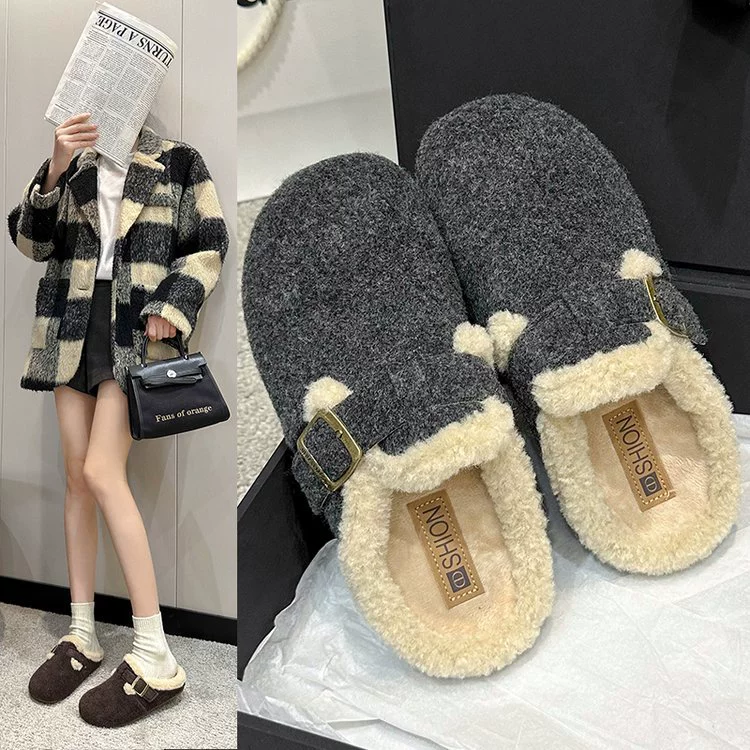 Серая пряжка и пушистые тапочки женские наружные 2024 новые зимние толстые подошвы