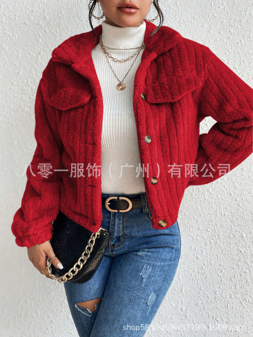 跨境速卖通秋冬毛绒夹克翻领加绒保暖时尚短装加厚女装休闲风外套|undefined