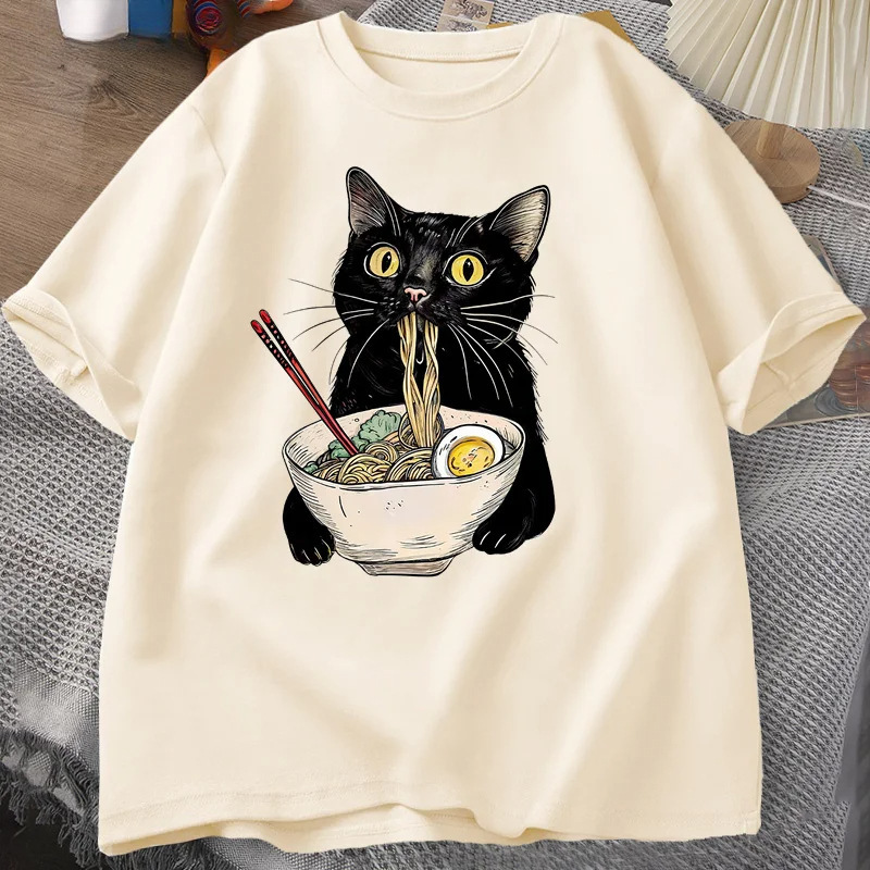 Noodle Cat Fun Print Cross-Border Personality Street Fashion Short Sleeve Versatile Loose Sports Shirt Casual T-Shirt