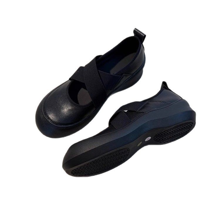 Versión de piel de oveja ~ Zapatos de cuero pequeños Mary Jane con correa cruzada deportiva de suela gruesa, zapatos de ballet de punta redonda, zapatos retro de boca baja para mujer