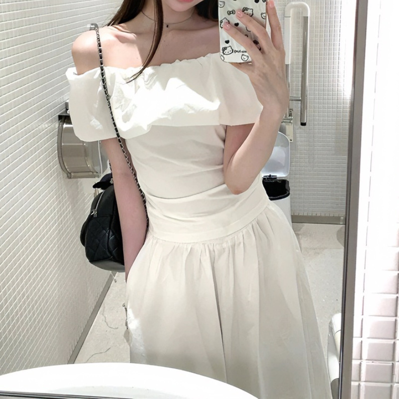 New summer unique and beautiful long dress, early summer outfit, off-shoulder white dress for women New summer unique and beautiful long dress, early summer outfit, off-shoulder white dress for women