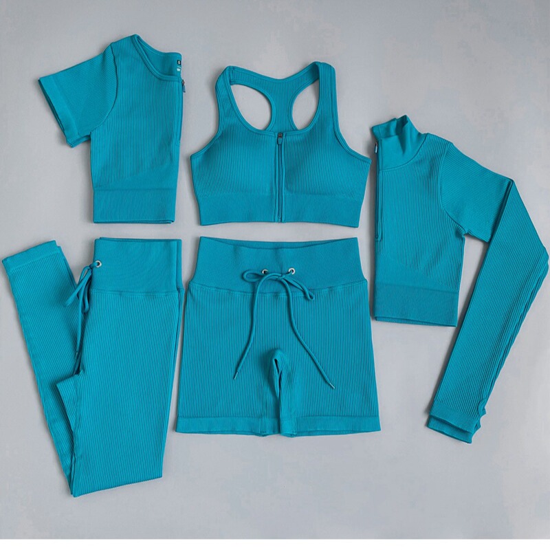 5-Piece Set of Seamless Threaded Yoga Clothes, Long-Sleeved Quick-Drying Sports Bra, Yoga Vest, Butt-Lifting Fitness Pants and Shorts