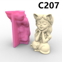托脸女孩多肉花盆模具混凝土水泥滴胶树脂女孩与猫咪花瓶模具C207