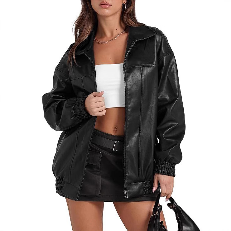 Cross-Border Amazon Women's Pu Leather Jacket Long-Sleeved Lapel Mid-Length Leather Coat Motorcycle Jacket Comfortable and Casual