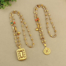 古法金色圆盘六字箴言转动无事牌水晶长款项链仿金虎眼毛衣链配饰