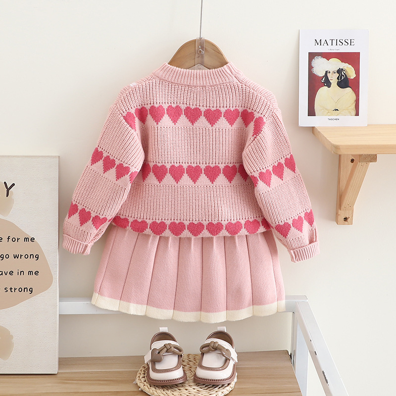 Girls' Sweater Western Love Jacquard Knitted Two Piece Set Autumn/Winter New Girl Korean Edition Pullover Skirt_voghion.com