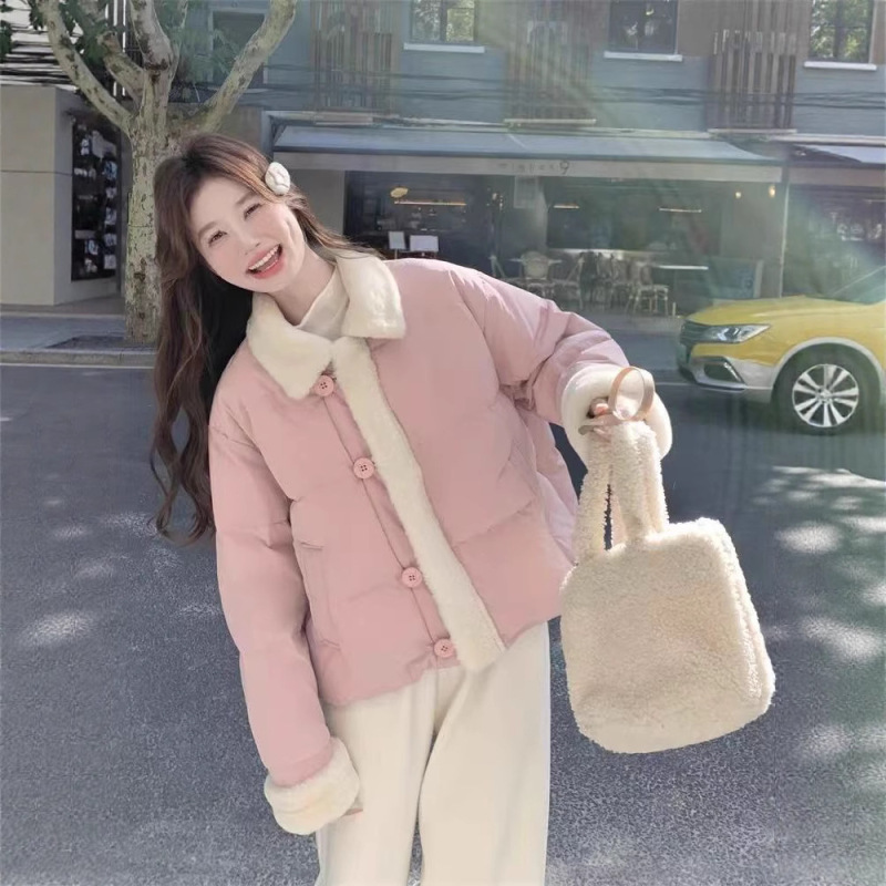 羊羔毛拼接粉色棉衣女冬季小个子温柔风奶乎乎韩系短款面包服|undefined