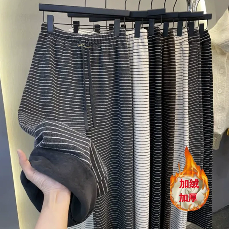 Брюки для беременных плюшевые толстые полосатые широкие брюки 2024 осень и зима новая мода ленивый свободный и тонкие повседневные брюки