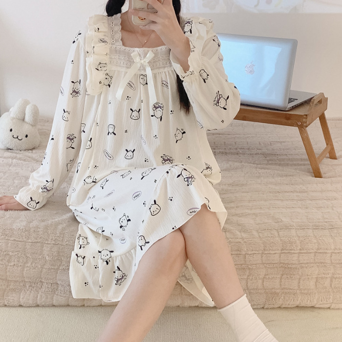 Pijamas de mujer de Primavera de algodón artificial crepé encaje camisón de manga larga ropa para el hogar de las mujeres vestido de una sola pieza de dibujos animados lindo Generación de cabello