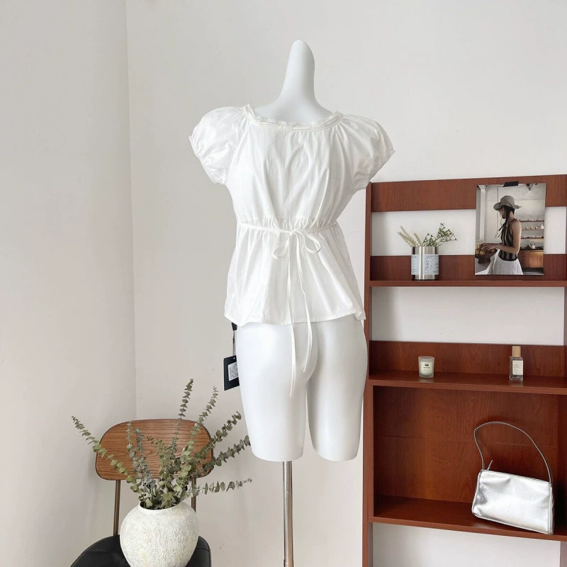Summer Puff-Sleeve Lace Blouse, Slim French Style, Square Neckline, Waist-Cinched (White)