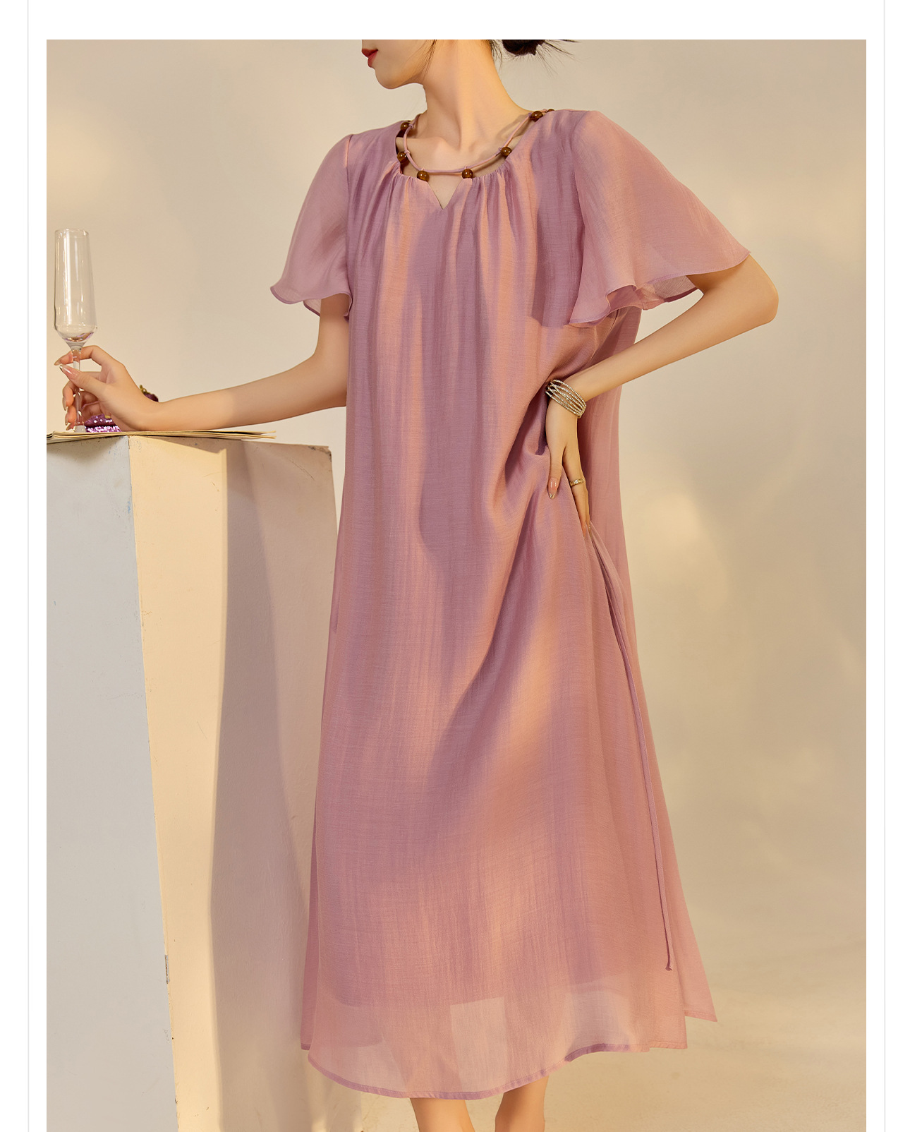 Đầm maxi nữ thắt eo tay lá sen chất Tencel phong cách dân tộc — Taro màu tím chi tiết 6