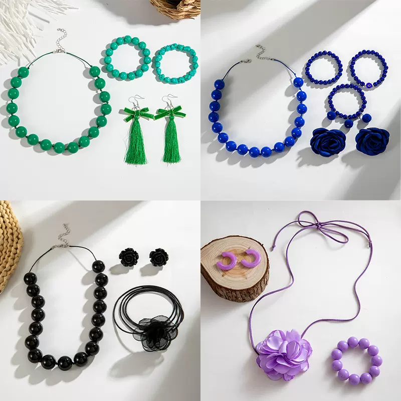 欧美个性丝带玫瑰锁骨链跨境亚克力彩色串珠手链耳环首饰套装女