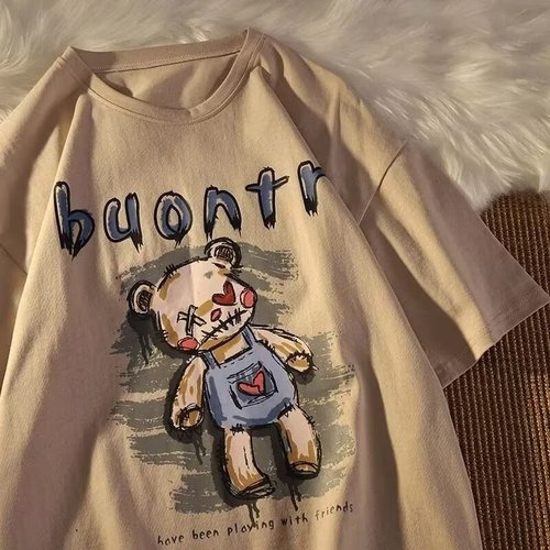 2024 American retro cartoon bear pure cotton male and female couple loose short-sleeved T-shirt ins half-sleeved T-shirt