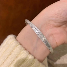 抖音直播铜镀银复古牡丹花对珠开口手镯民族风錾刻莲花磨砂手环