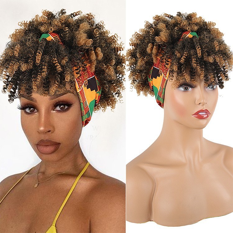 Amazon新品アフリカレディース小さいカール前髪一体ヘアバンドターバンかつら化学繊維かつらヘッドカバー|undefined