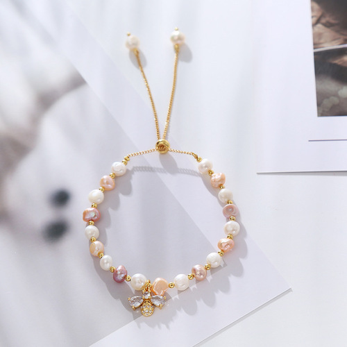 Baroque Aberrant Freshwater Pearl Micro-set Zirconia Small Honeybee Bracelet Instagram Fashion Minimalist Korean Style Fashion Accessory