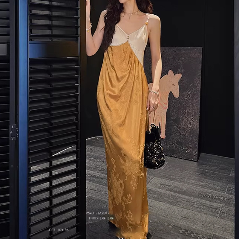 【Pin Yue】Yarn-Dyed Jacquard Jacquard Weave Gold-Threaded Rayon Slip Dress, New Summer Style Elegant Dress 【Pin Yue】Yarn-Dyed Jacquard Jacquard Weave Gold-Threaded Rayon Slip Dress, New Summer Style Elegant Dress