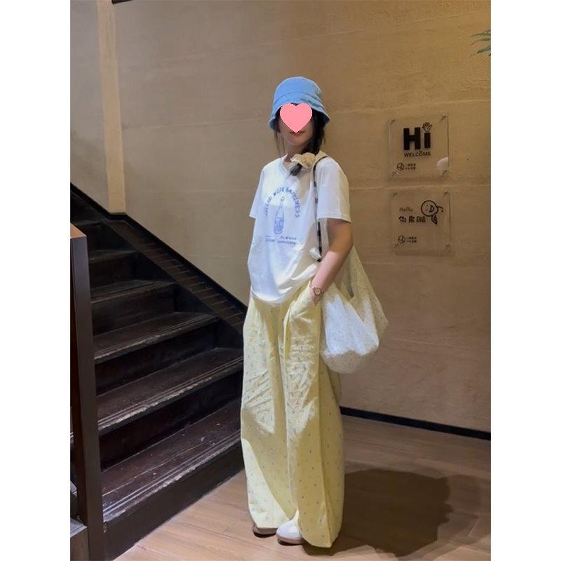 ドーパミンウェアカジュアルでスタイリッシュな年齢軽減スポーツスーツ女性の夏のカラフルな刺繍水玉模様のワイドレッグパンツ 2 点セット|undefined