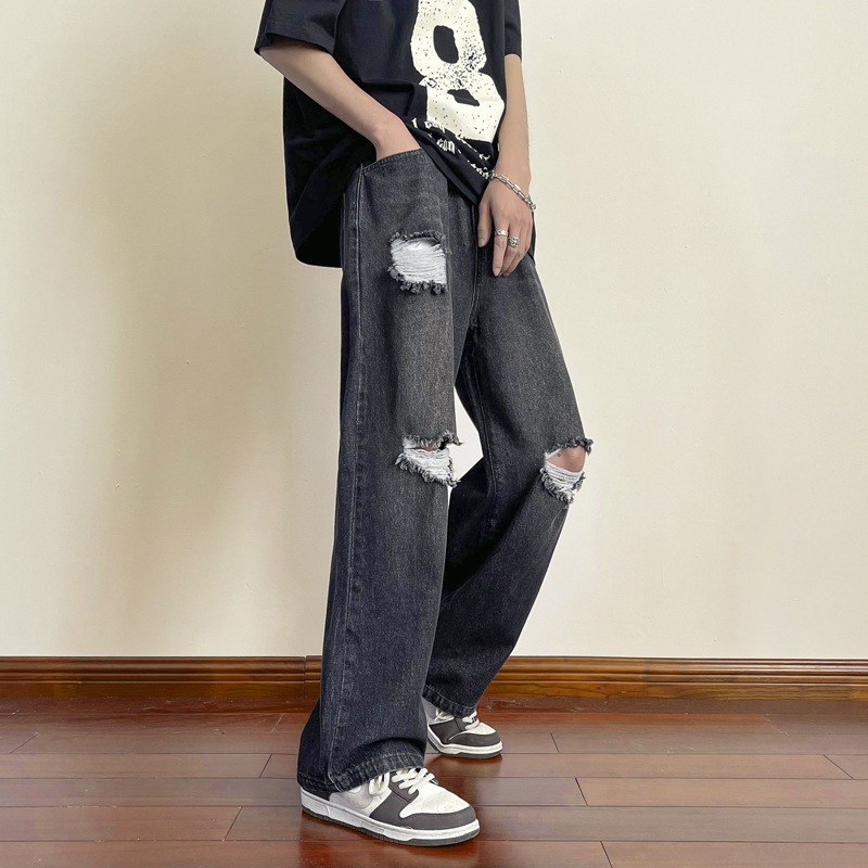 Ripped Jeans Men's Summer American Style Retro Fashion Brand Straight Leg Wide Leg Pants High Street Puppies Handsome Casual Pants