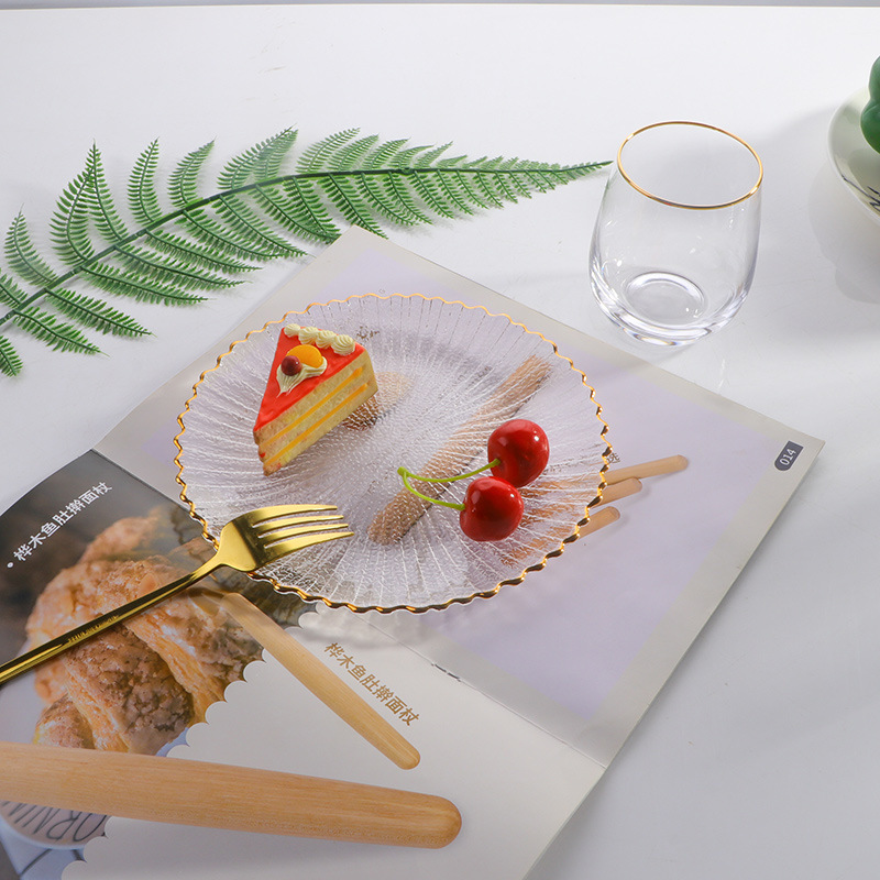 Bandeja de vidrio transparente de estilo insi, bandeja de frutas de borde de hielo, bandeja de postre de la Sala de estar doméstica, bandeja de frutas secas