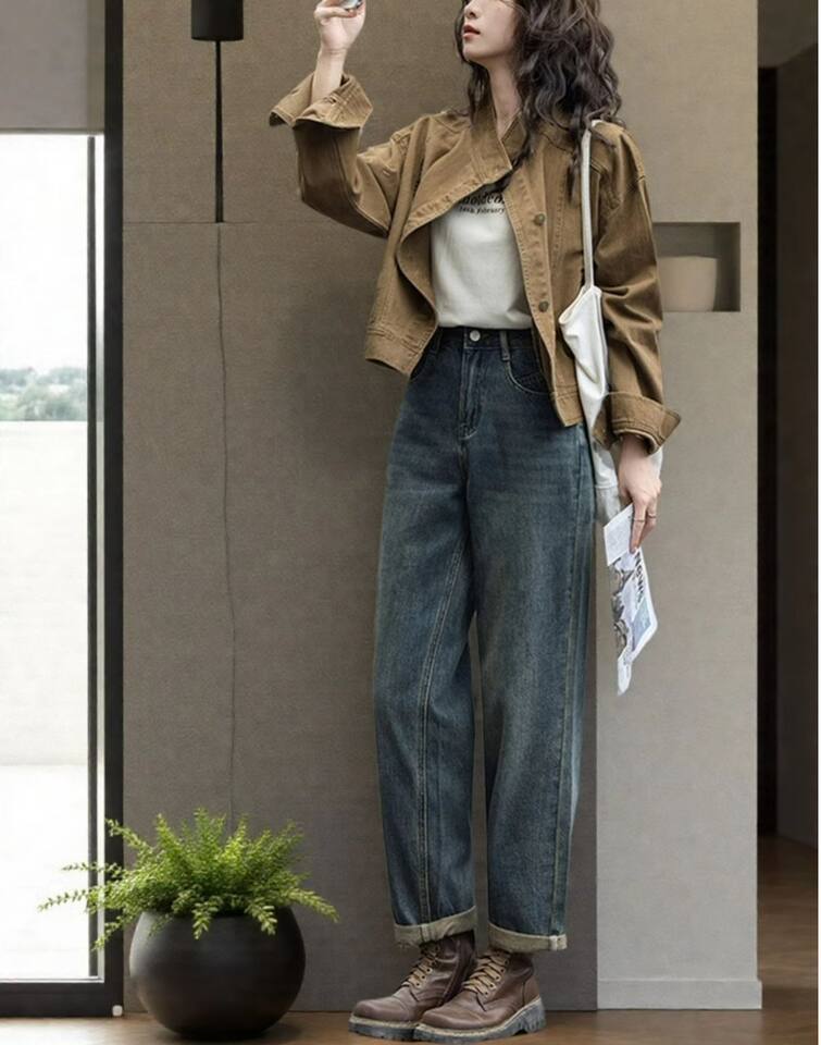 Áo khoác denim ngắn dáng rộng cổ polo cho nữ, dài tay, phong cách giản dị — Áo khoác bò dài tay, Màu nâu (trà nâu), màu xanh chi tiết 31