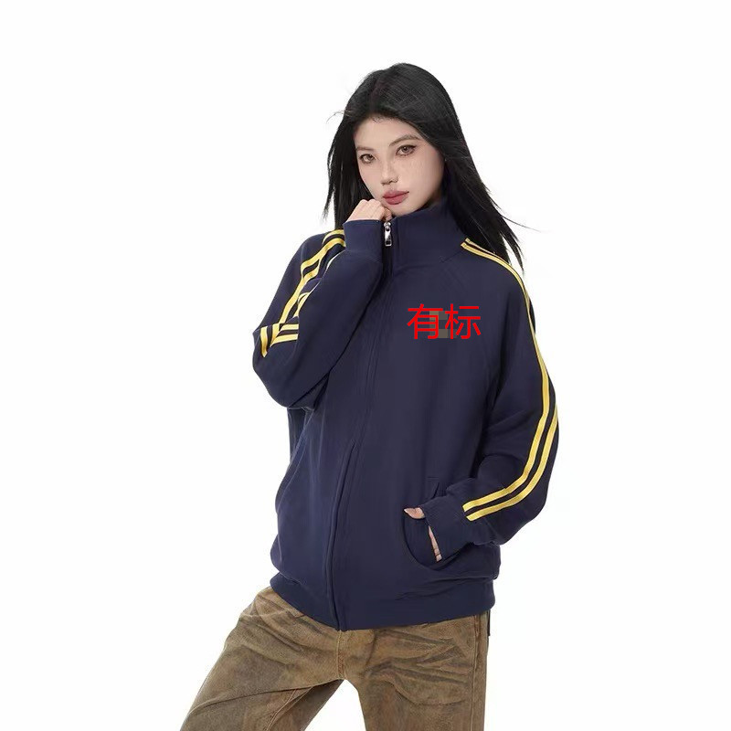 Embroidered Three-Stripe Stand-Collar Zip-Up Sweatshirt Jacket with Stripes, Loose Fit, Couple's Sportswear