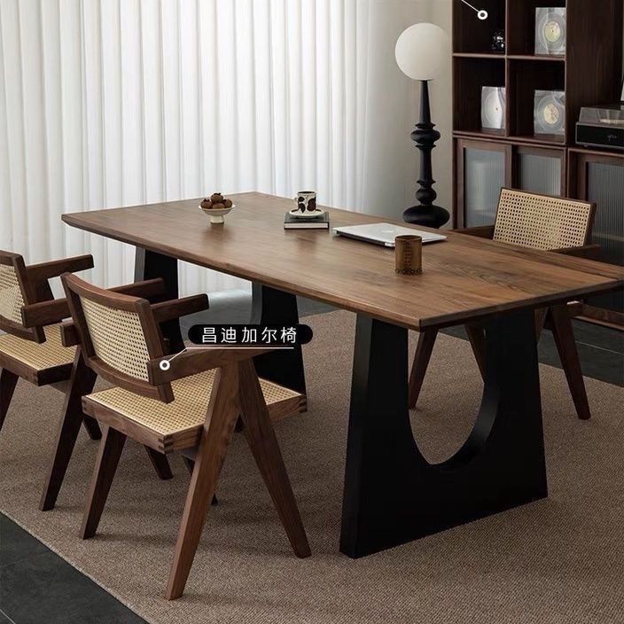 Solid Wood Dining Table and Chairs Walnut Color Living Room Large Long Table Workbench Large Board Dining Integrated Home Office Desk Desk