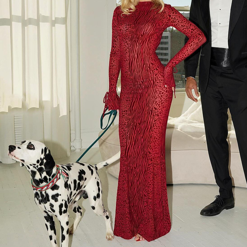European and American cross-border sexy backless micro bell sleeve fishtail dress red leopard print mesh printed long summer dress
