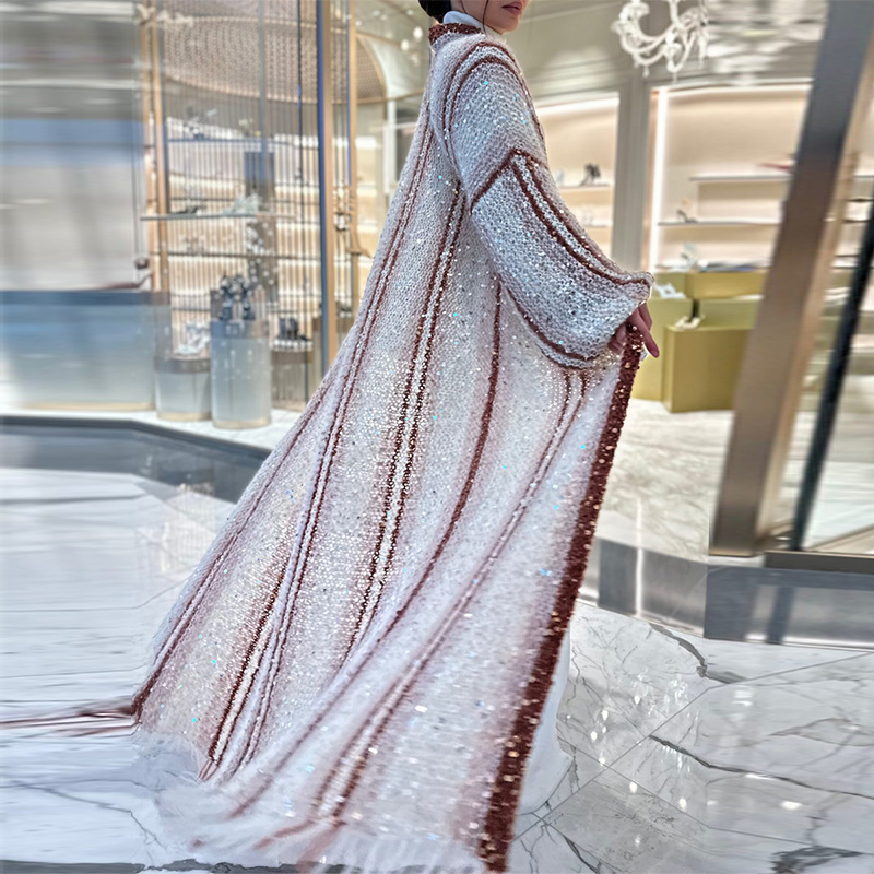 Women's Clothing Autumn And Winter New Fashion Contrast Color Heavy Sequins Long Knee Length Knitted Sweater Jacket_voghion.com