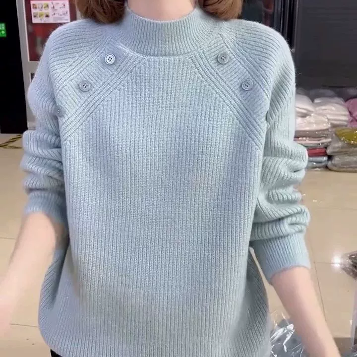 Толстая теплая нижняя рубашка женский 2024 осень и зима новая нишу с круглым вырезом темперамент дикий вязаный свитер