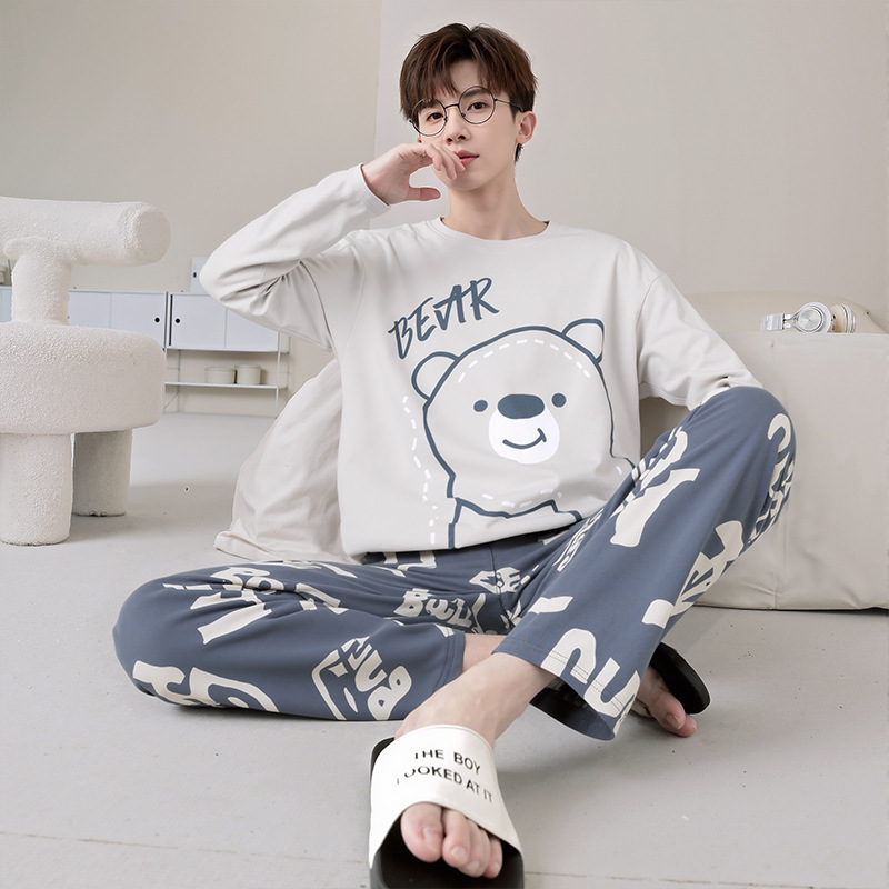 Men's Pajamas Spring and Autum Pure Cotton Long-Sleeved Thin Loose Large Size Teenagers Student Home Clothes Set Can Be Worn Outside Men's Pajamas Spring and Autum Pure Cotton Long-Sleeved Thin Loose Large Size Teenagers Student Home Clothes Set Can Be Worn Outside