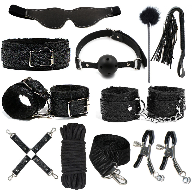 Juego de accesorios Jiuai SM incluido con esposas, látigo de cuero, tapón anal, suministros divertidos para habitaciones de parejas adultas, herramientas de juego sexual