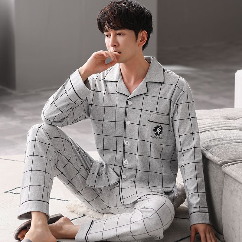 Cardigan pijamas de los hombres 100% algodón primavera y otoño se pueden usar fuera traje de manga larga invierno papá joven y de mediana edad ropa para el hogar