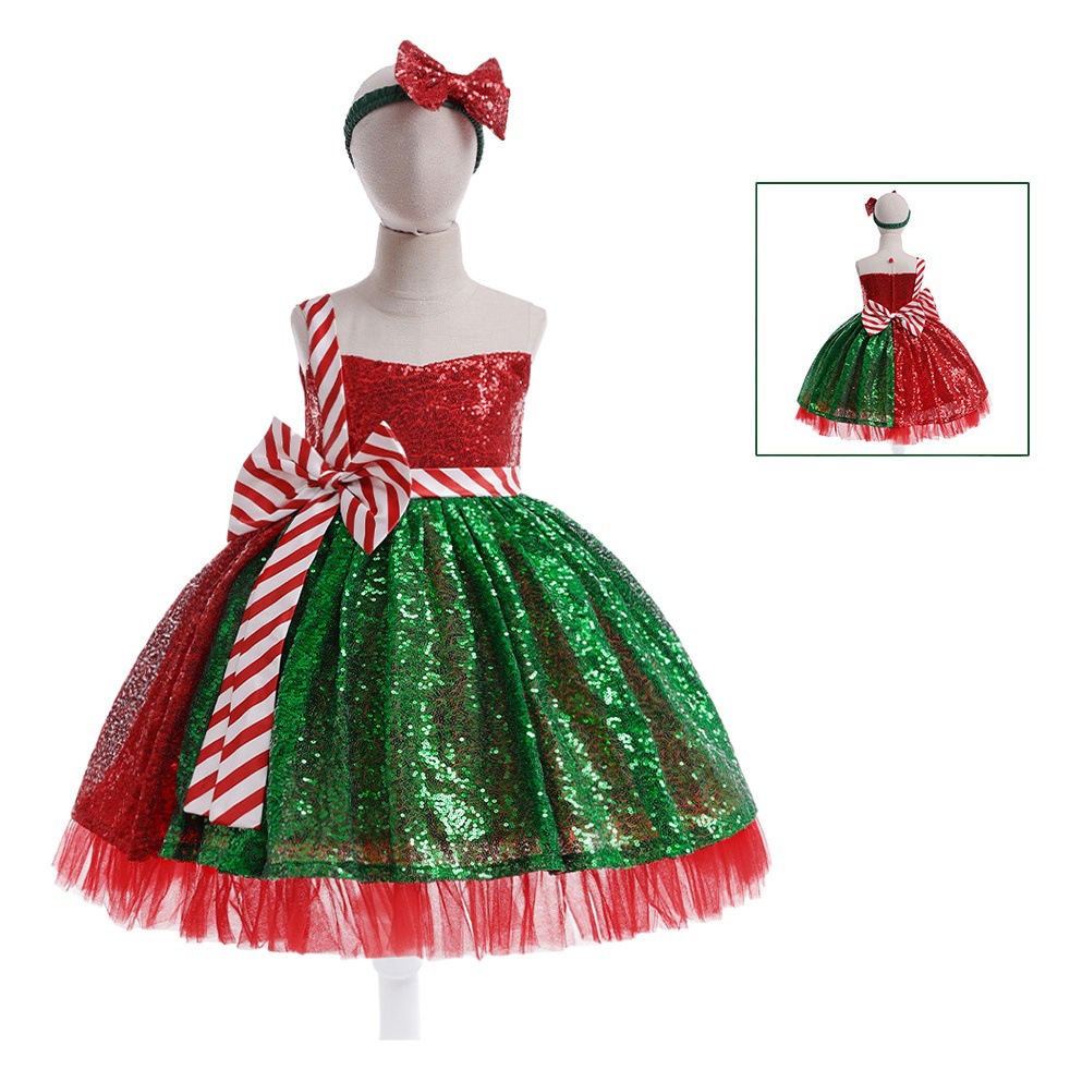 Navidad nuevo pequeño y mediano vestido de los niños rojo y verde costura arco cintura lentejuelas princesa vestido banquete rendimiento