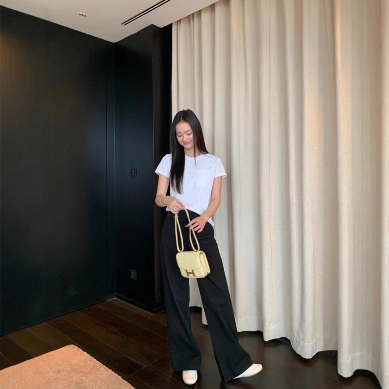 Original Development! Shenzhen Nanyou Pocket Embroidery Slim Basic Temperament Base Short Sleeve Old Money Style Fitted Version