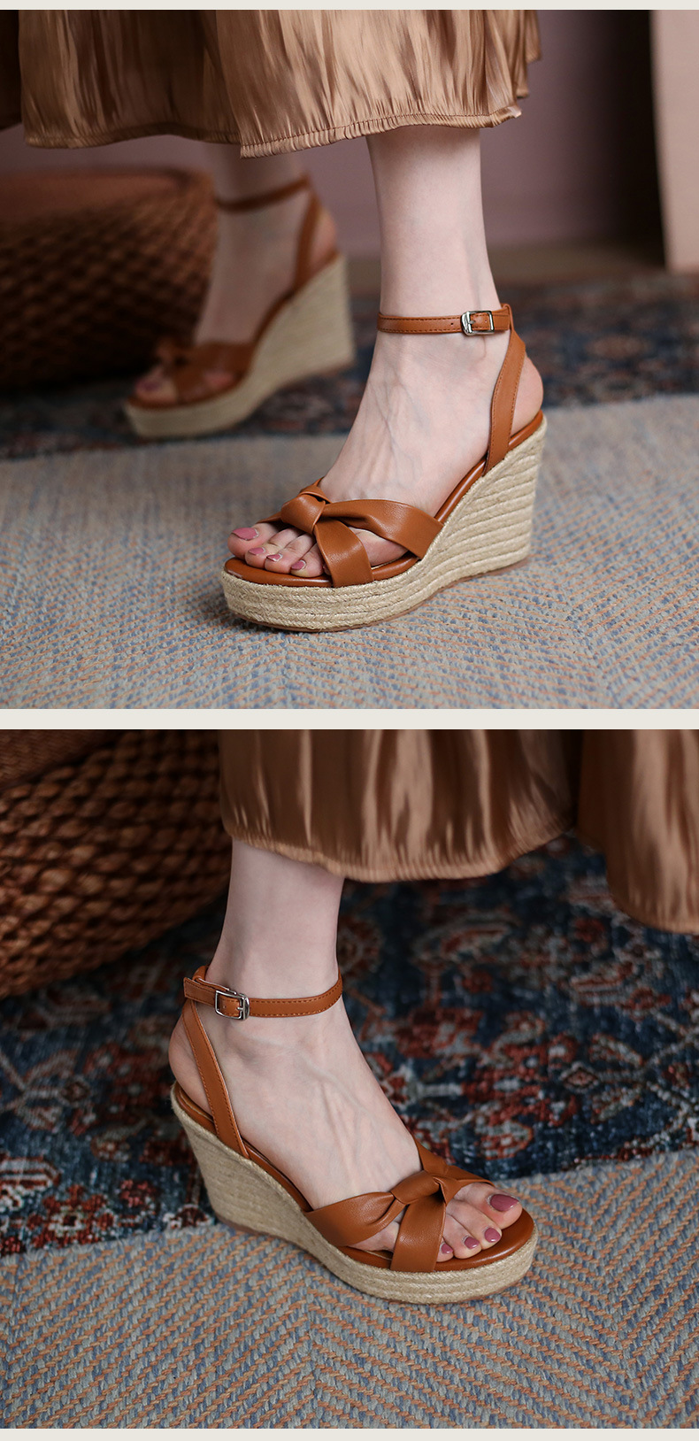 Sandal cao gót nữ hở mũi phong cách retro, đế xuồng cói kết hợp dây thừng gai dầu, gót 9.5 cm — nâu chi tiết 6