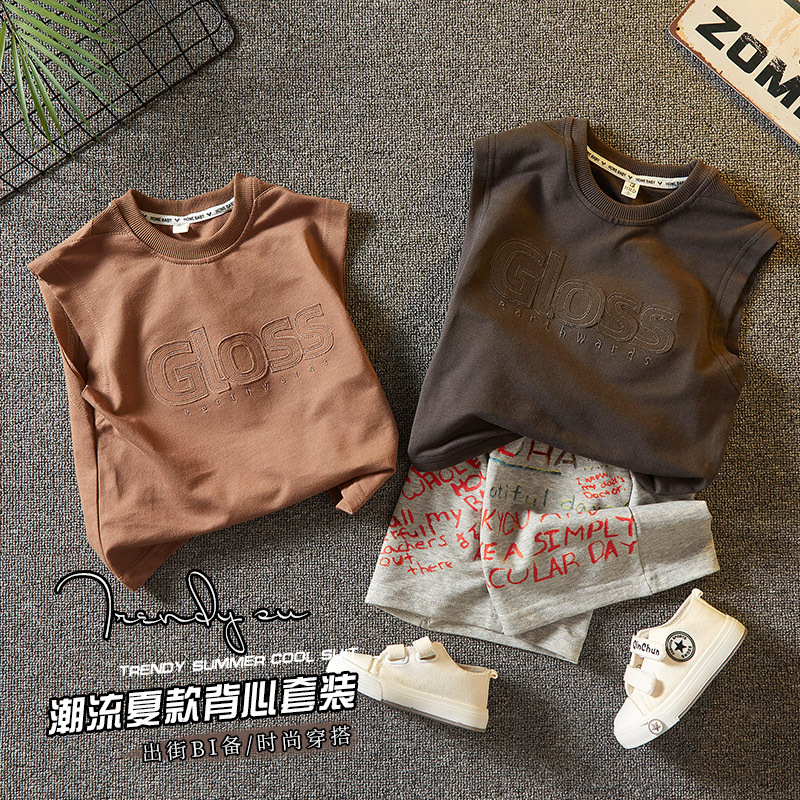 5377 Traje de verano para niños Ropa del tesoro para hombres Chaleco sin mangas para niños Pantalones cortos Chaleco delgado de dos piezas de moda