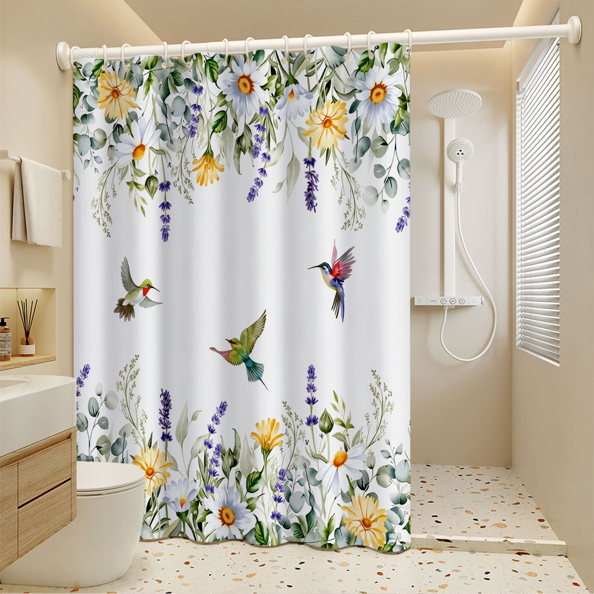 Cross-border Bird Pattern Shower Waterproof And Mold-Proof, No-Drill Bathroom Partition Curtain, Hanging Curtain_voghion.com