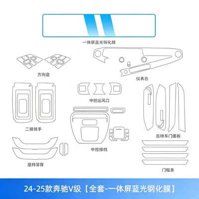 Car interior film center console protective film, V260 - 2024-2025-mercedes-benz-v-class-full-set-integrated-screen-blue-light-tempered-glass-film