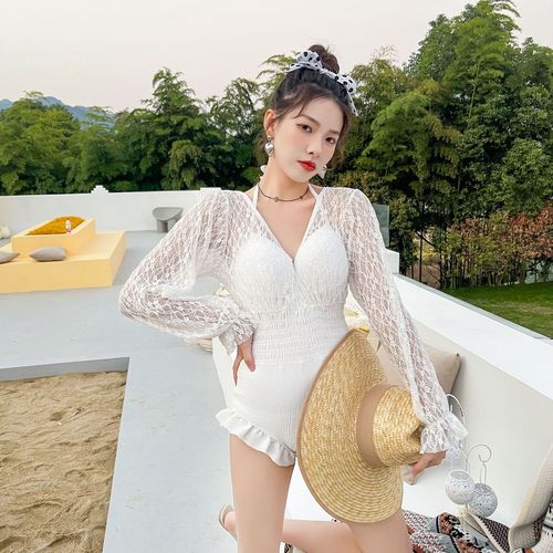 Swimsuit for female students  new style small breast one-piece covering belly, slimming, conservative hot spring long-sleeved swimsuit