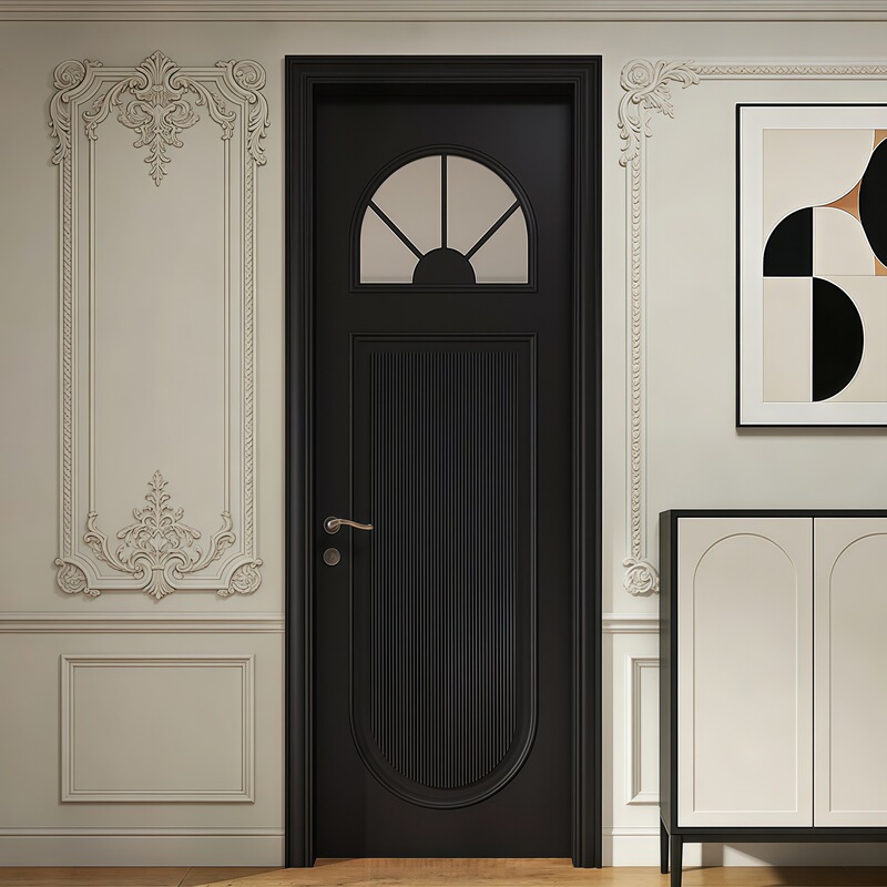 Source Factory Solid Wood Lacquered Glass Partition Door with Flat Trim Half-Glass French Minimalist European Style Kitchen Balcony Door