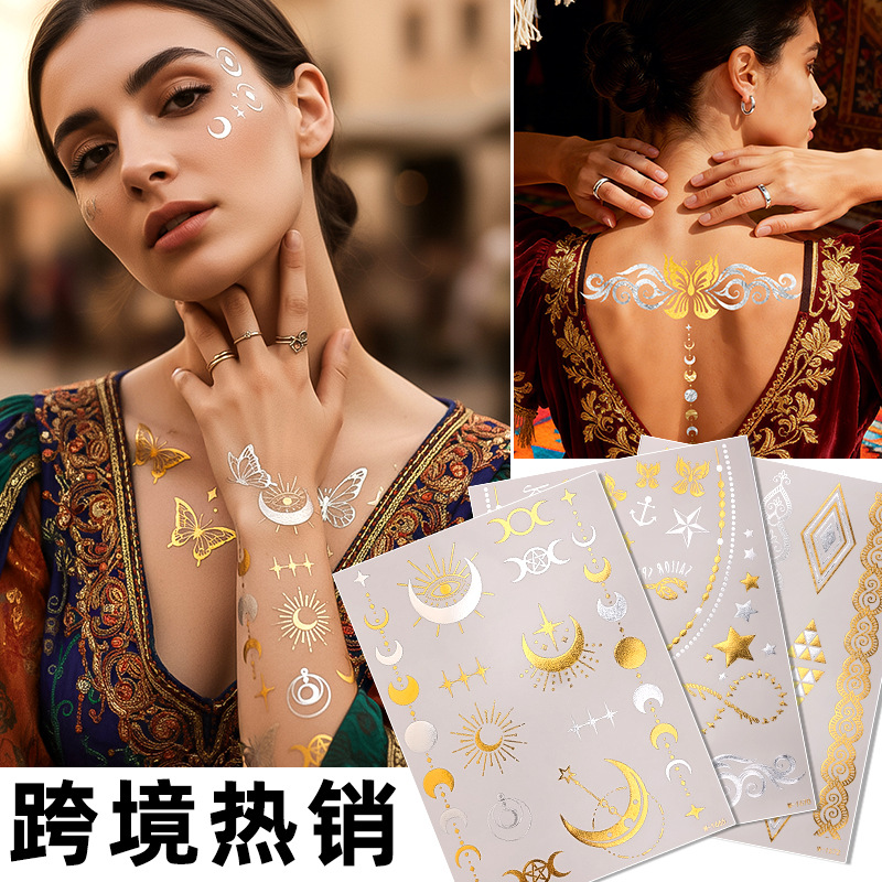 Pegatinas de tatuaje de estampado transfronterizo impermeable Europa y América plata estampado metal estampado tatuaje flash pegatinas de tatuaje desechables temporales personalizadas