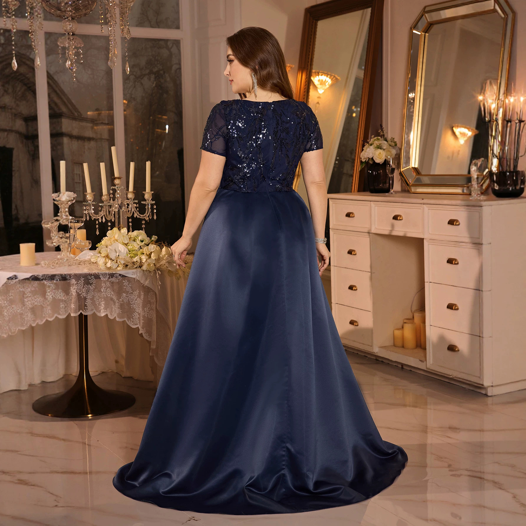 Elegant Long Evening Dress European American Style plus Size Square Neck Hand Pleated Sequined A-Line Banquet Dress Satin_ecoleips.com