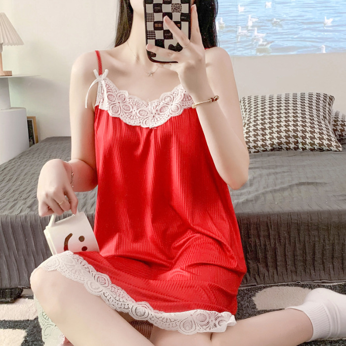 Comercio exterior al por mayor verano camisón chica leche hilo de seda tire marco fino pijamas estudiante encaje desgaste en el hogar