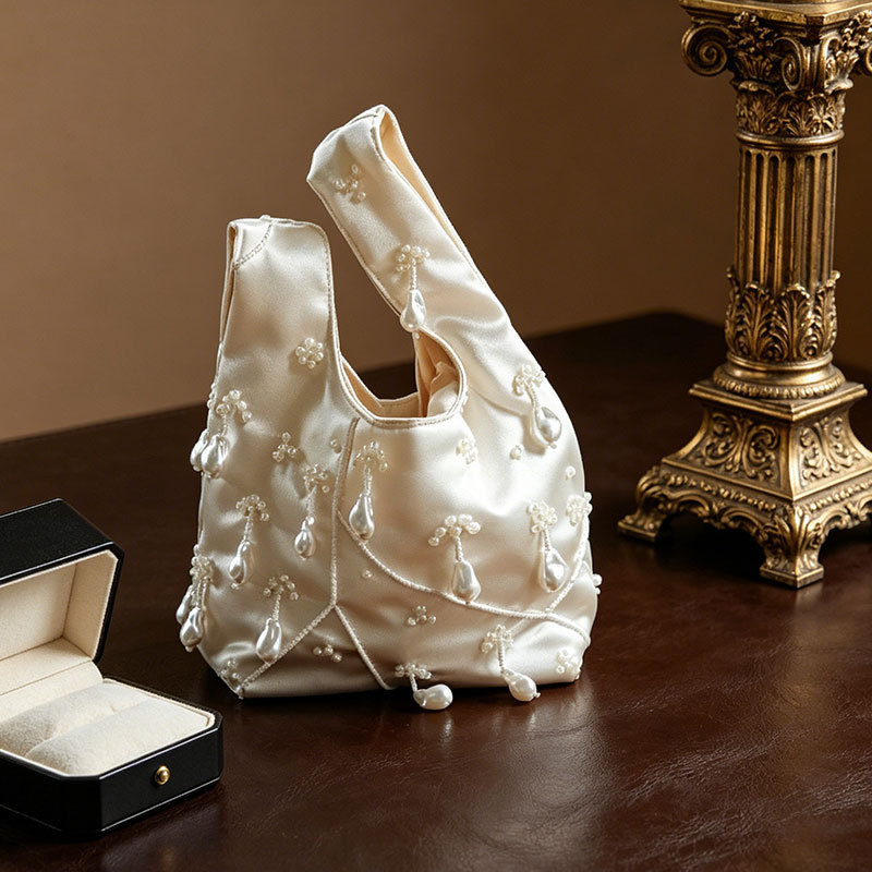 French Retro Fashion Gentle Style Satin Pearl Handbag with Elegant and Versatile Design, Exquisite Beaded Design Bucket Bag French Retro Fashion Gentle Style Satin Pearl Handbag with Elegant and Versatile Design, Exquisite Beaded Design Bucket Bag