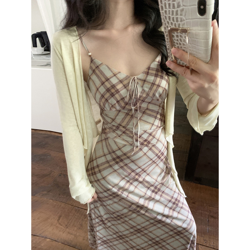 SYT自制 垂感好网纱弹力显瘦格子吊带连衣裙|undefined