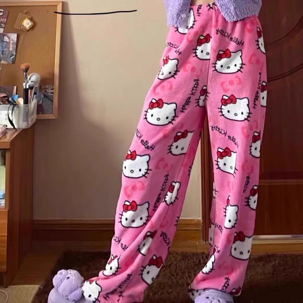 外贸冬季保暖法兰绒睡裤女可爱kitty家居服裤休闲裤子--可做欧码