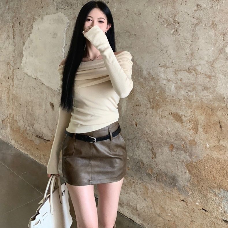 纯欲小心ji一字肩针织打底衫女秋冬季加厚毛衣设计感长袖别致上衣|undefined